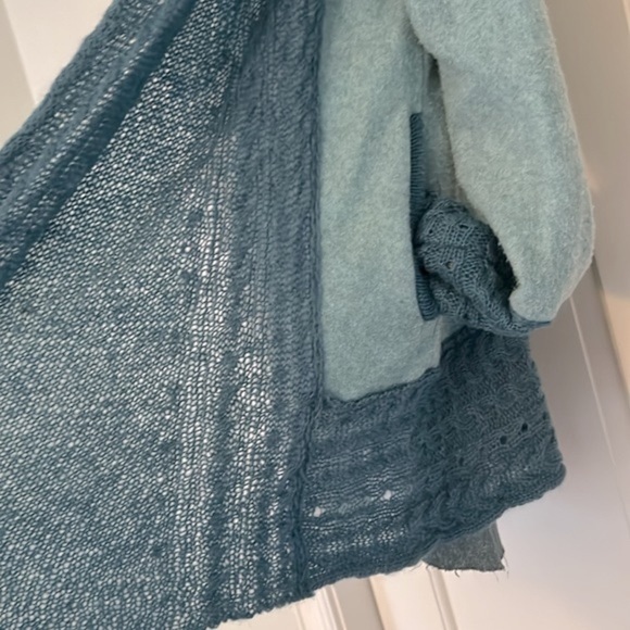 Anthropologie Mohair Open Cardigan Teal Blue Open Crochet Green Small Pockets - Picture 7 of 15